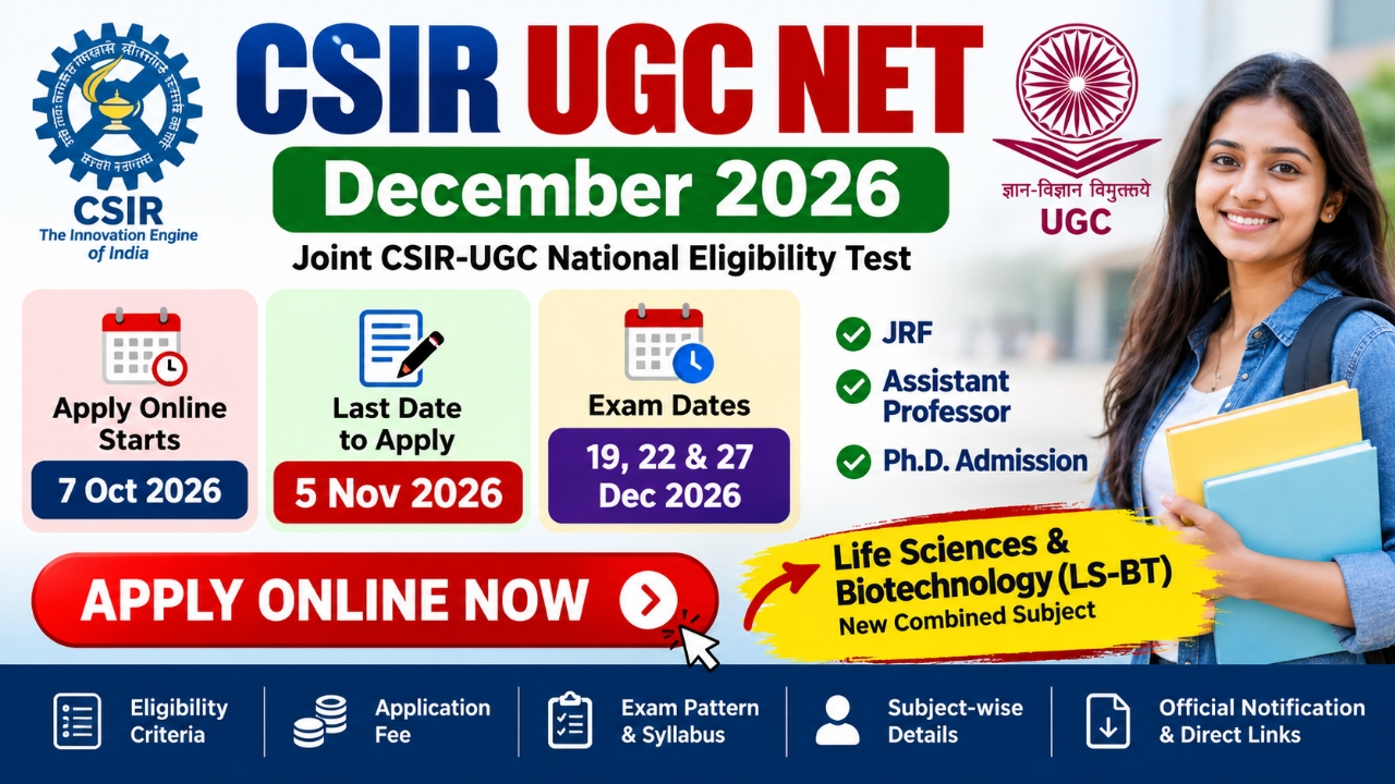 CSIR UGC NET December 2026 Notification, Exam Dates and Online Application