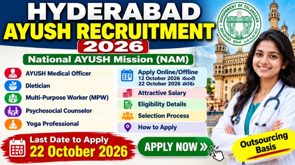 Hyderabad AYUSH Recruitment 2026 notification for Medical Officer, Dietician, MPW, Psychosocial Counselor and Yoga Professional posts