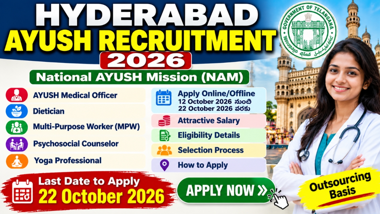 Hyderabad AYUSH Recruitment 2026 notification for Medical Officer, Dietician, MPW, Psychosocial Counselor and Yoga Professional posts